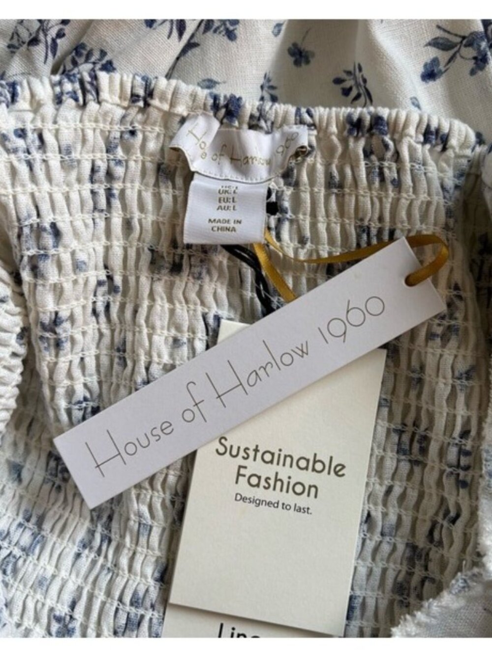 House of Harlow 1960 Linen Blend Smocked Bodice Floral Midi Dress NWT - Picture 9 of 9